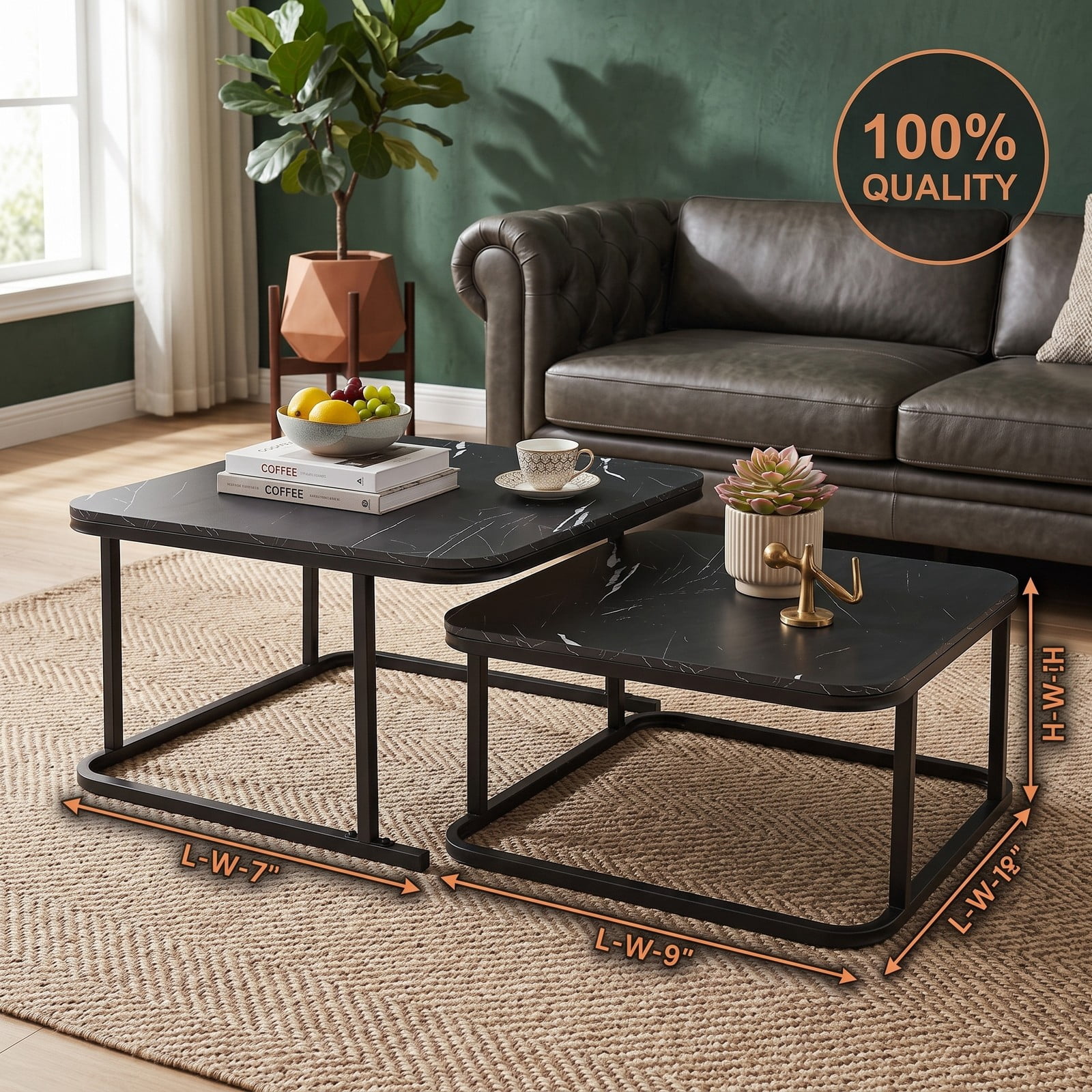 Furnibear Nesting Coffee Table Set of 2, Faux Marble Top Cocktail Tables with Powder-Coated Metal Frame, Stackable Space-Saving Round-Corner Side End Tables for, Black