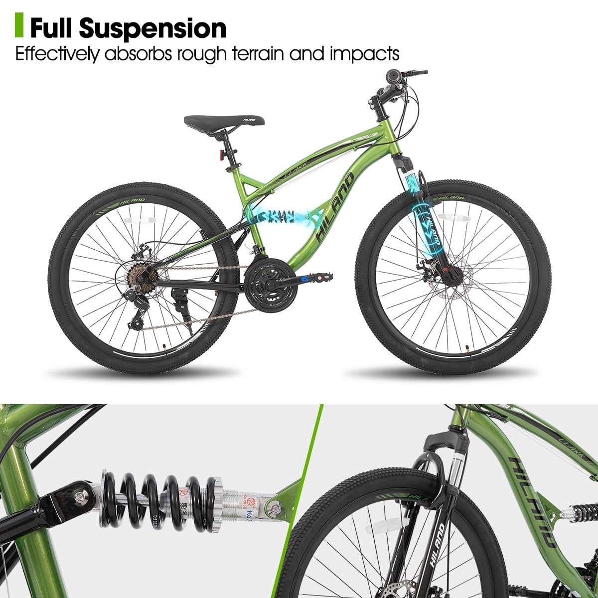 Hiland Full-Suspension Mountain Bike, Shimano 21 Speeds, 26 Inch Wheels, for Men Women MTB Bicycle Trail Bike, Green