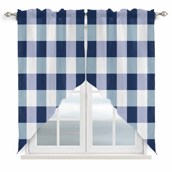 Swag Curtains Valances for Windows, Navy Blue White Plaid Short Kitchen Window Curtains Over Sink, Checkerd Pattern Cafe Curtains Panel Set Of 2,Rod Pocket, 63 Inches Length