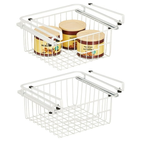 mDesign Compact Hanging Pullout Drawer Basket - Sliding Under Shelf Storage Organizer - Metal Wire - Attaches to Shelving - Easy Install - for Kitchen  Pantry  Cabinet - 2 Pack - White