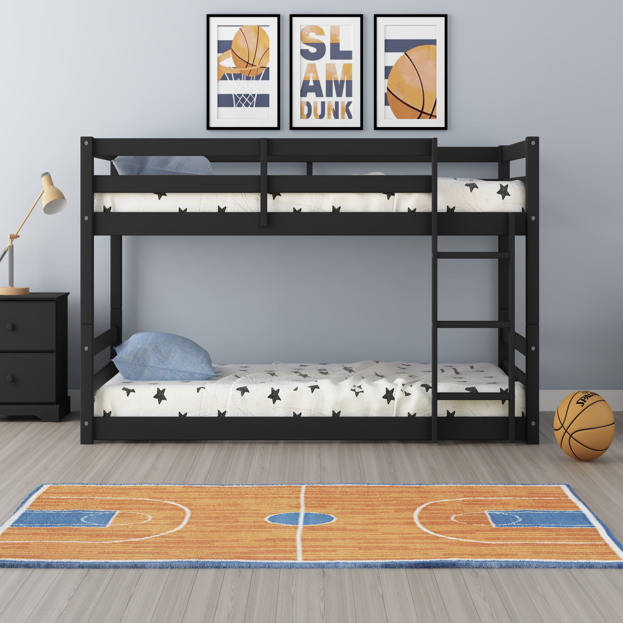 HH2 Home Essentials Campbell Wood Twin Over Twin Floor Bunk Bed, Black