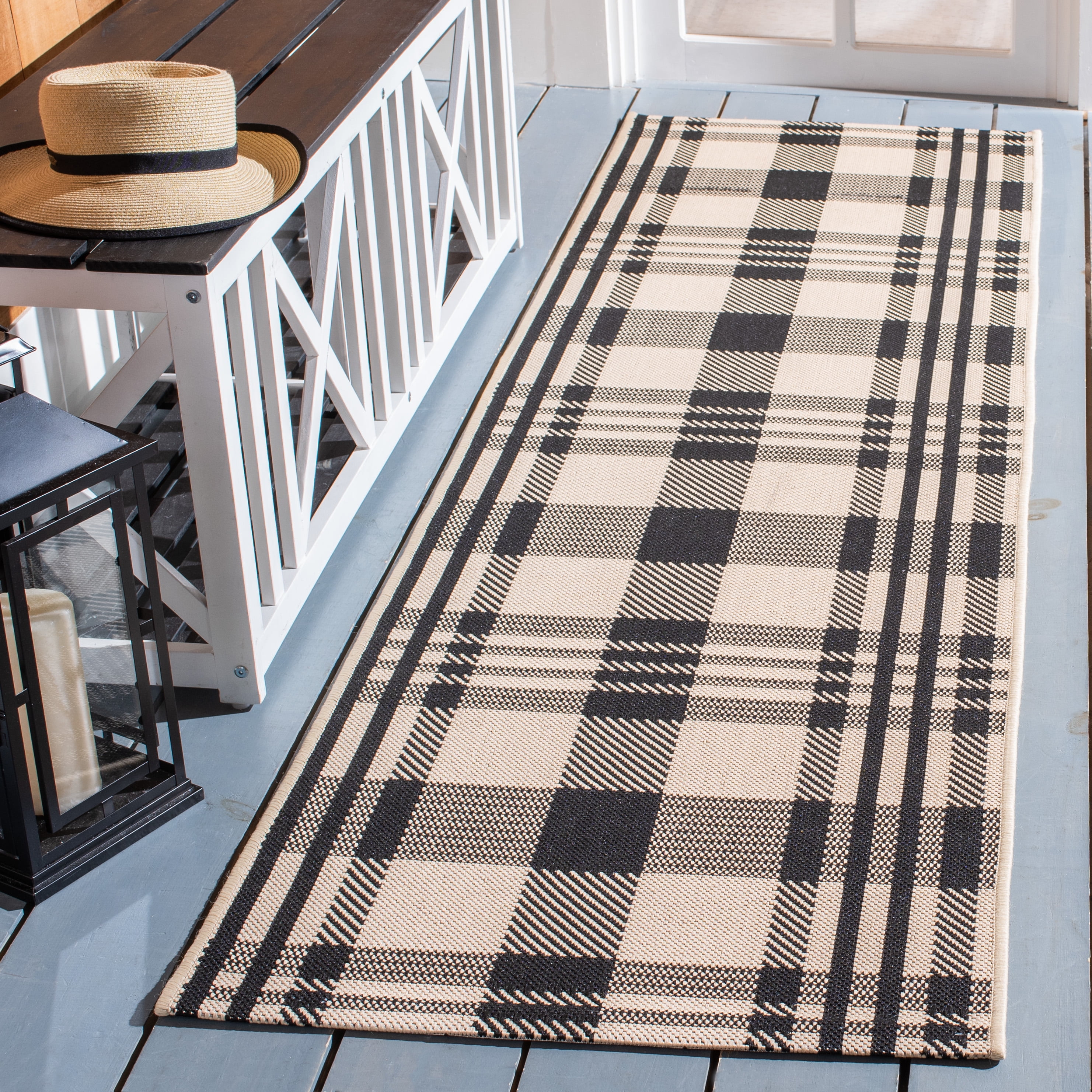 Safavieh Courtyard Benjamin Plaid Indoor/Outdoor Runner Rug, Black/Bone, 2'3" x 22'