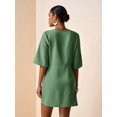 thumbnail image 2 of Olive Green Linen V-Neck Wrap Mini Dress With Side Tie, Casual Summer Style, 2 of 8