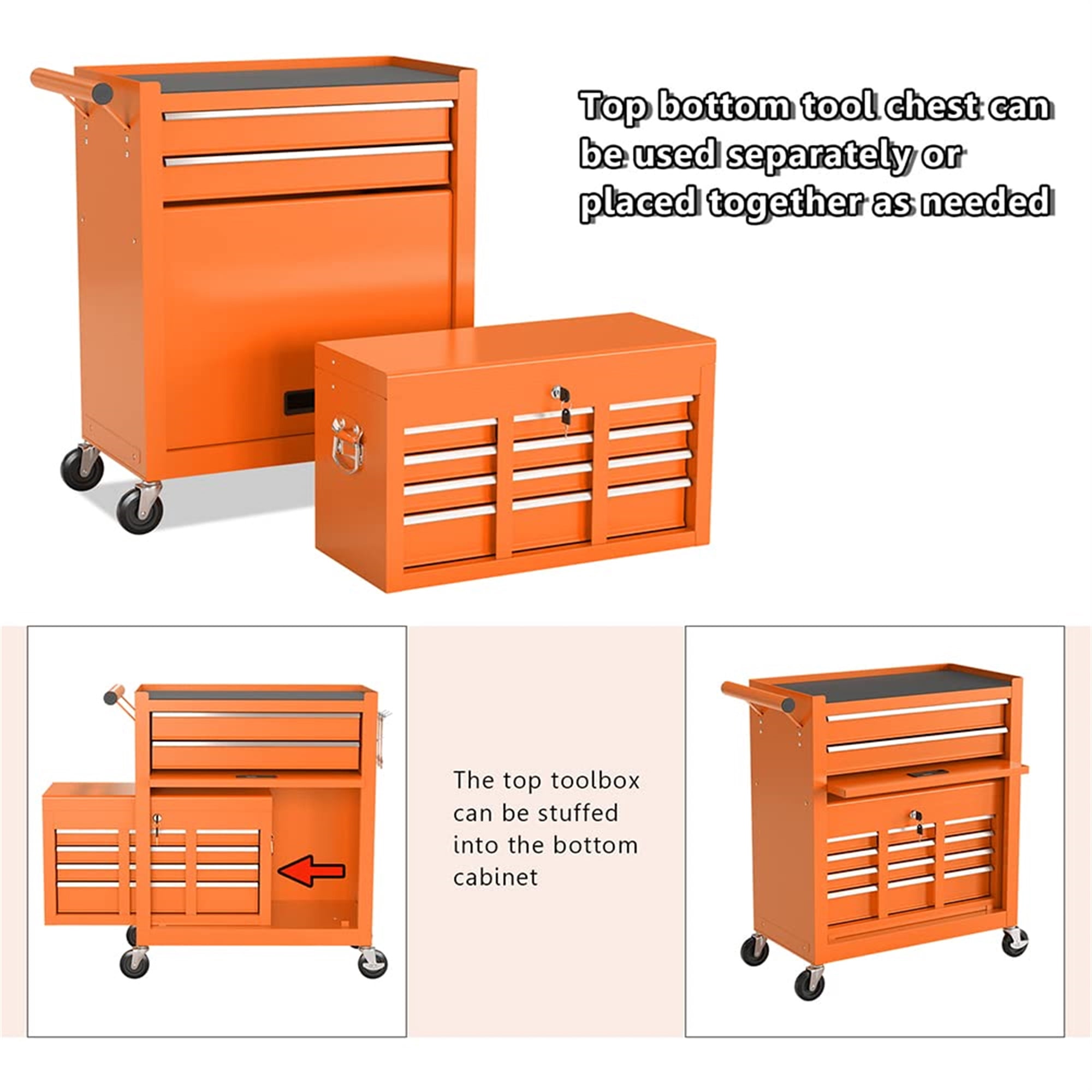 Aukfa Tool Box, 2 in 1 Steel Rolling Tool Chest & Cabinet On Wheels for Garage, 8-Drawers, Orange
