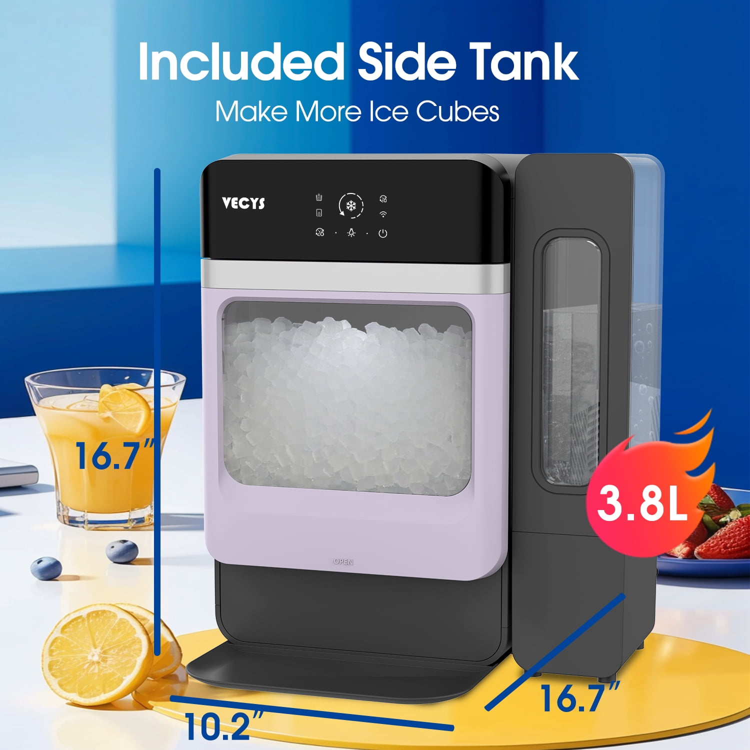 VECYS Nugget Ice Maker with Steel Trim, 33LBS/Day Self-Cleaning