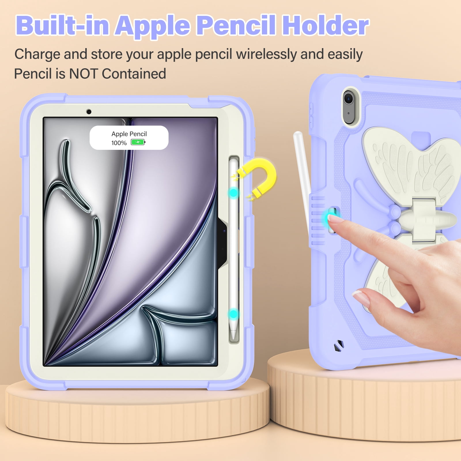 For iPad Air 11 M4 M3 M2 2026 2025 2024 Case, Cute Butterfly Design Heavy Duty Shockproof Shoulder Strap Pencil Holder Kickstand Bumper Kids Friendly Rugged Case for Apple iPad Air 11", Purple+Beige