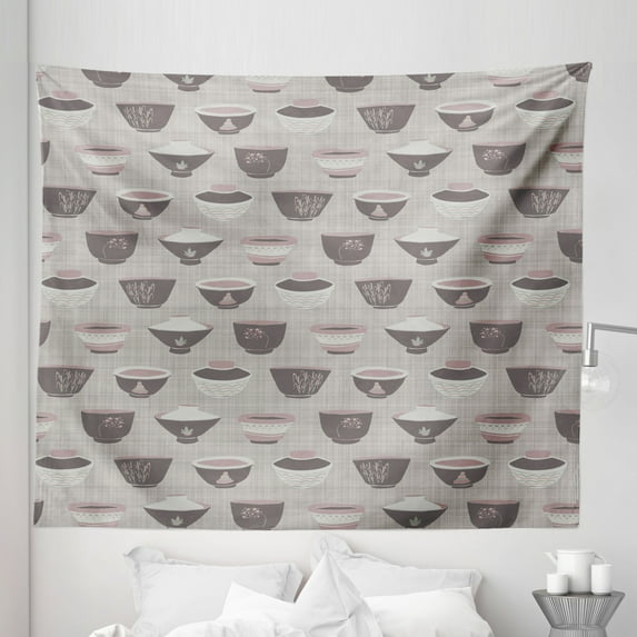 Asian Tapestry, Japanese Tea Bowl with Flower Branches Neutral Tones Illustration, Fabric Wall Hanging Decor for Bedroom Living Room Dorm, 5 Sizes, Dust Grey Pink and Warm Taupe, by Ambesonne