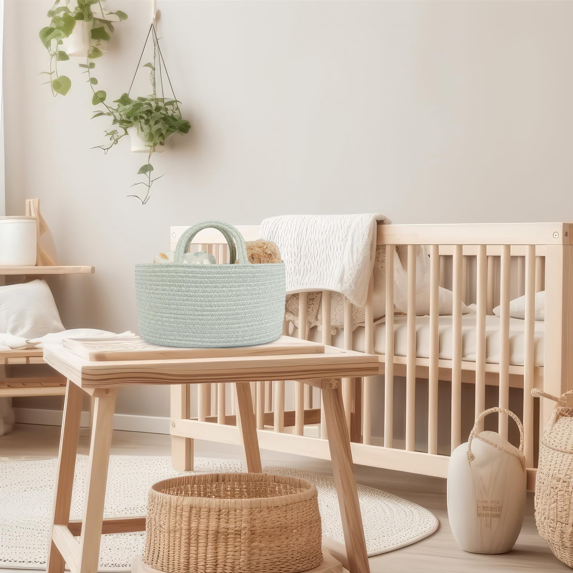 JUNBOLE Diaper Caddy Organizer Cotton Rope Baby Basket Nursery Storage and Portable Tote Bag for Car Ideal Baby Shower Gifts and Registry Must-Have for Newborn Essentials light green