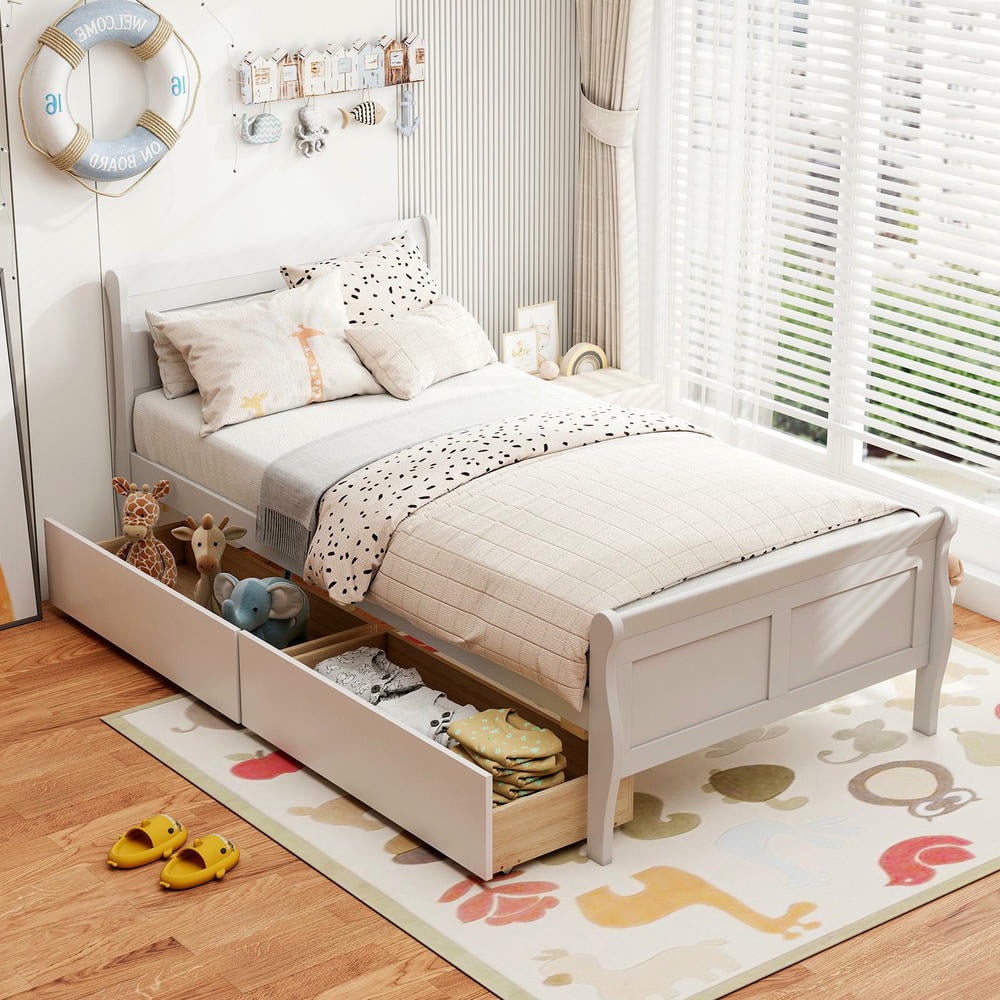 Barara King Twin Size Sleigh Bedroom Bed Frame with 2 Storage Drawers, Wood Bed Platform Frame for Apartment, Bedroom, White