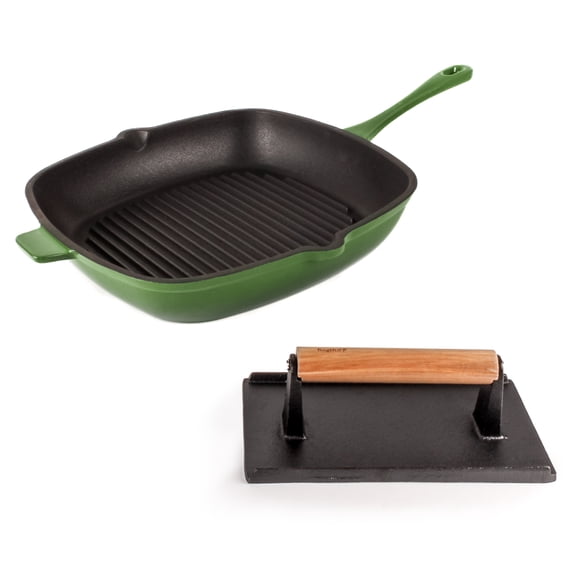 BergHOFF Neo 2pc Cast Iron 11" Grill Pan with Steak Press, Green
