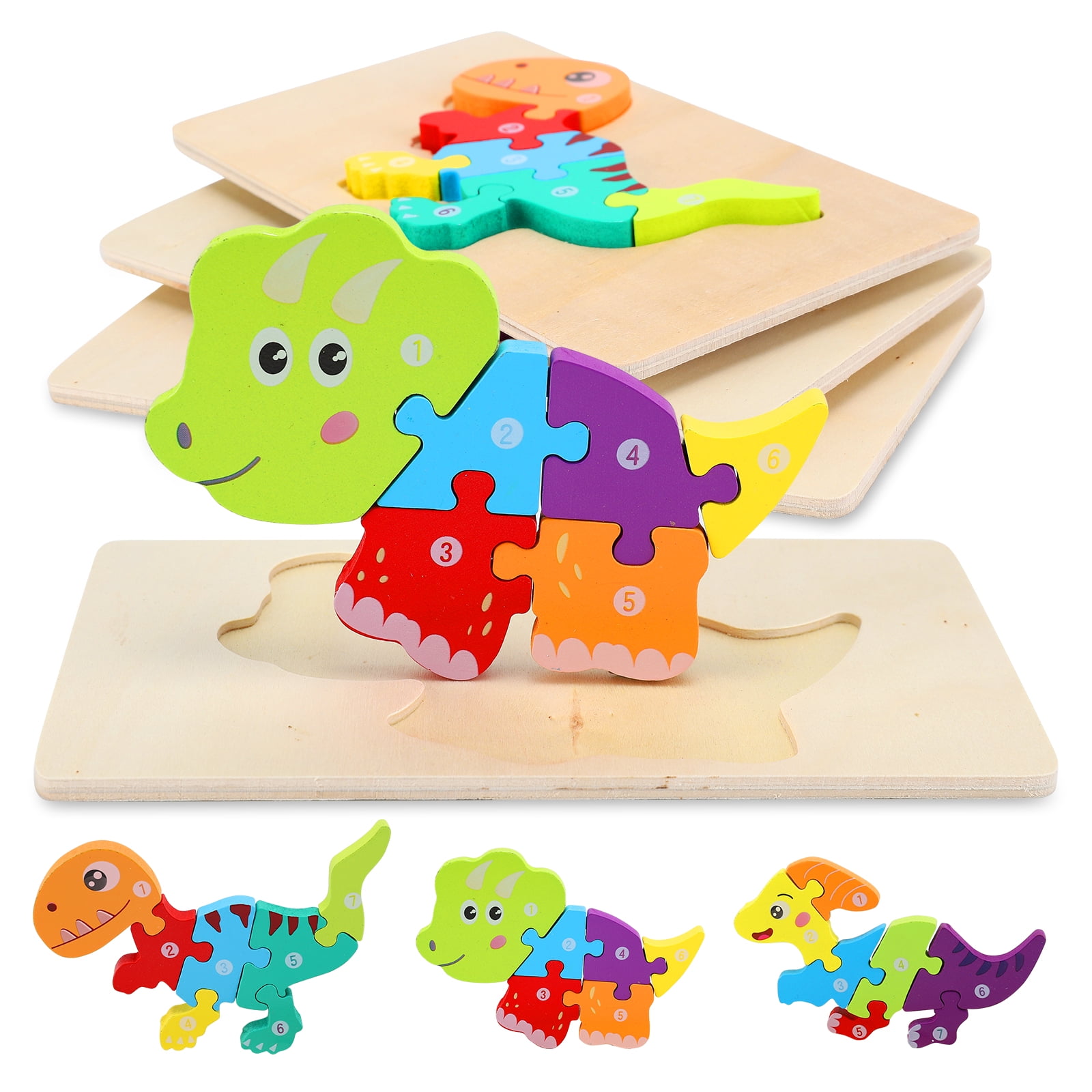 ANTIC DUCK Wooden Peg Puzzles for Toddlers 1-3, Dinosaur, Fruit