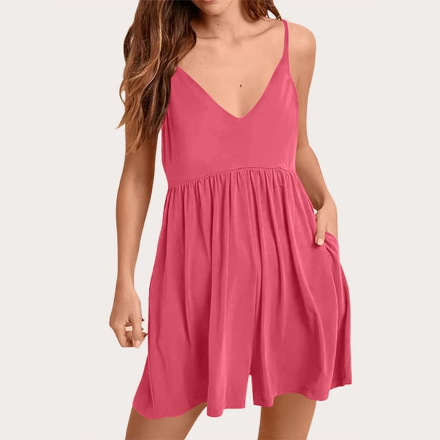 LOVZFMLL Women'S Solid Color Casual Pocket Suspender Romper Shorts Red L