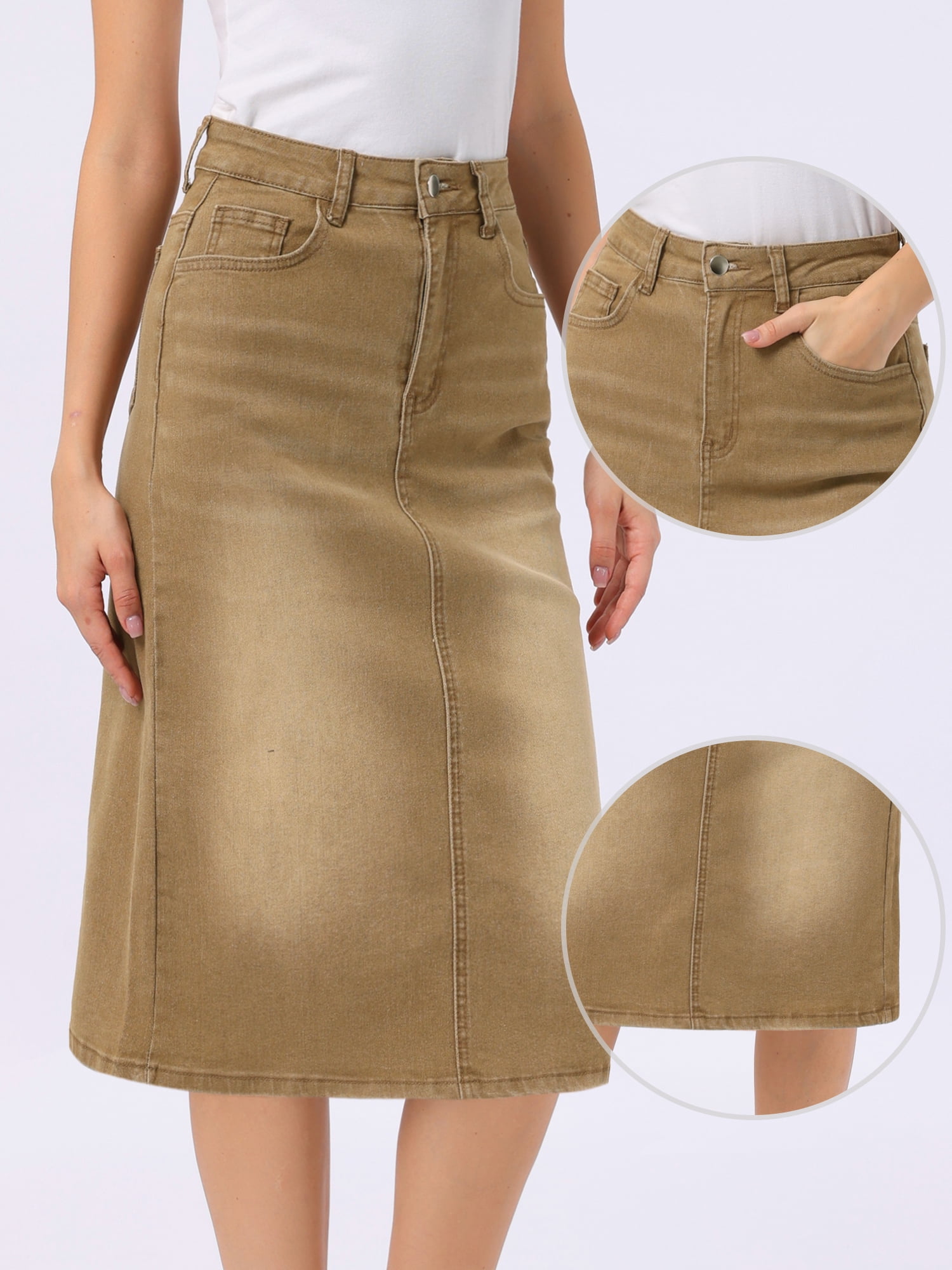 DARING DIVA Women's Zipped and Button Denim Split Back Pockets Midi Jean Skirts L Camel