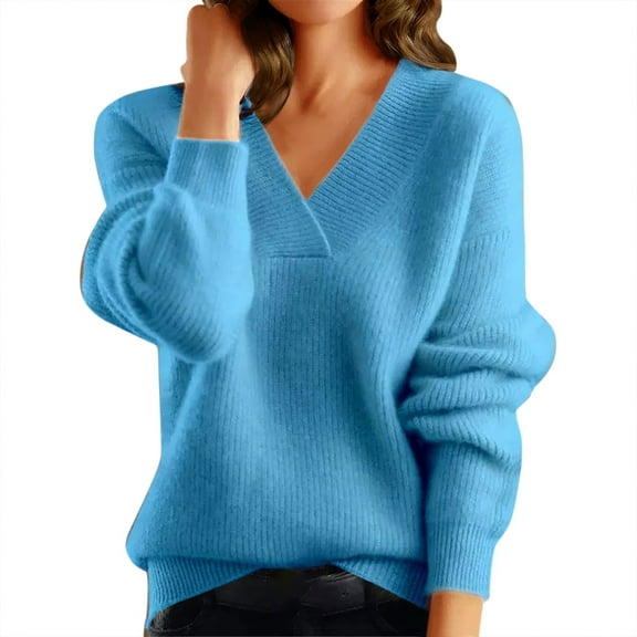RMGVDSD Women's Long Sleeve V Neck Sweaters Solid Color Knitted Sweater Casual Relaxed Fit Pullovers Fashion Pullover Sweater Tops /Blue
