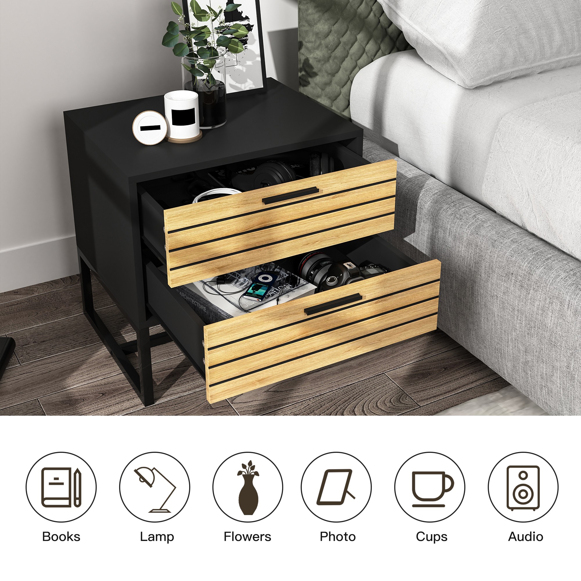 Finihen Modern Nightstand, Side Table with 2 Drawer, Accent Bedside End Table with Metal Legs for Bedroom, Dorm and Small Spaces, Black Finihen Modern Nightstand, Side Table with 2 Drawer, Accent Bedside End Table with Metal Legs for Bedroom, Dorm and Small Spaces, Black