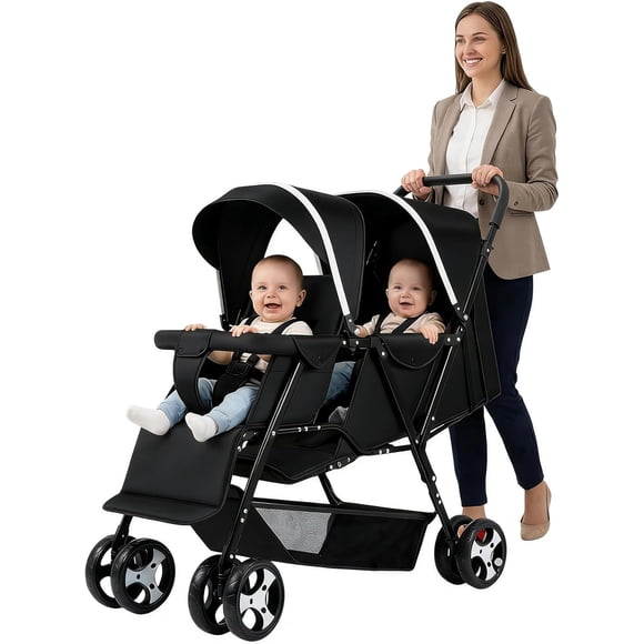 Carriola Doble, Carriola Doble para Gemelos, Ajustable en 3 Posiciones, Arnés de Seguridad de 5 Puntos, Reposapiés Ajustable, Fácil de Plegar, Toldo con Ventanilla, 95*50*103cm (Negro)