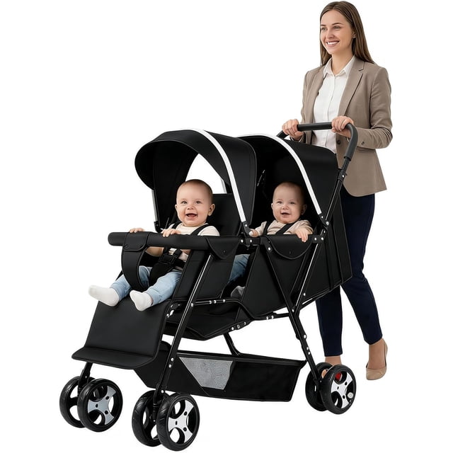 Carriola Doble, Carriola Doble para Gemelos, Ajustable en 3 Posiciones, Arnés de Seguridad de 5 Puntos, Reposapiés Ajustable, Fácil de Plegar, Toldo con Ventanilla, 95*50*103cm (Negro)