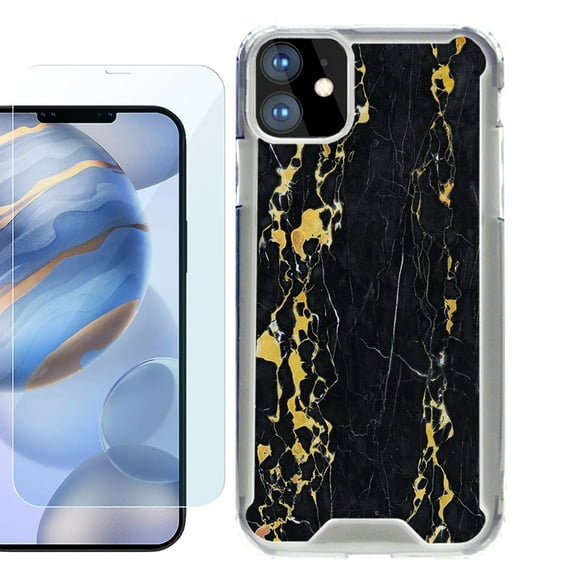 For Apple iPhone 12 Case, iPhone 12 Pro Case, Hybrid Bumper Phone case, with Tempered Glass Screen Protector, by OneToughShield ® - Marble / Gold/Black