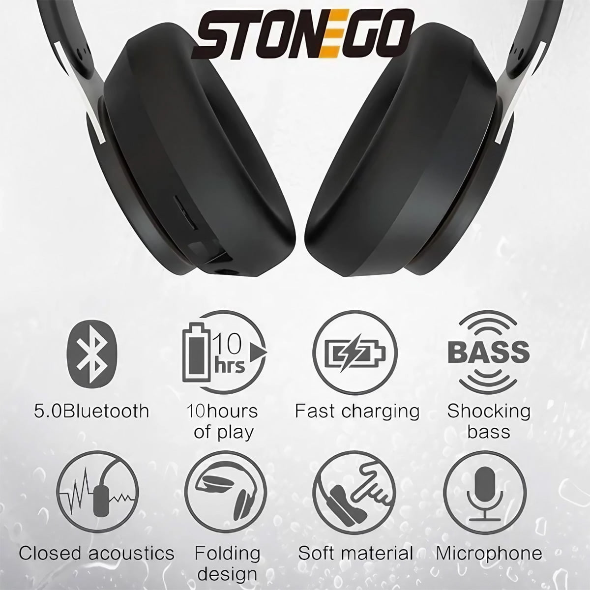 STONEGO HiFi Bluetooth Folding Headphones - Deep Bass, HD Microphone, Noise Cancelling, PU Leather Earmuffs - Wireless Over-Ear Headphones for Music, Gaming, Travel and Work - Designed for Comfort