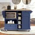thumbnail image 2 of Kitchen Island on Wheels with Two Locking Wheels, Rolling Kitchen Island with Solid wood desktop, Kitchen Island Cart with Microwave Cabinet, 2 Drawers, Shelves, Spice Rack, Towel Rack （Dark Blue）, 2 of 9