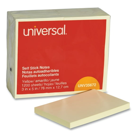 Universal UNV35672 Self-Stick Note Pads 3 in. x 5 in. - Yellow 100 Sheets (12/Pack)