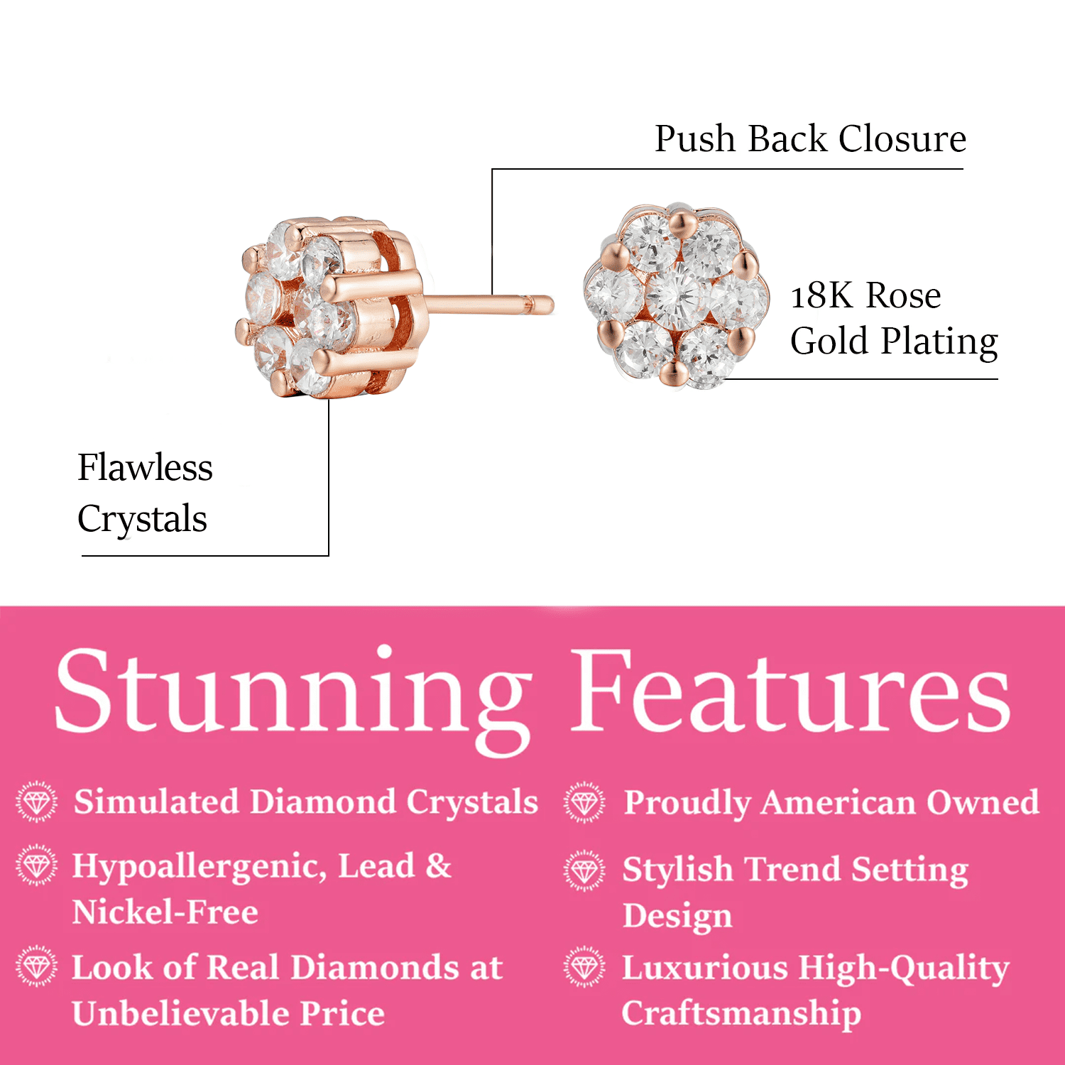 Cate & Chloe Nova 18k Rose Gold Plated Cluster Stud Earrings with Simulated Diamonds Crystals for Women