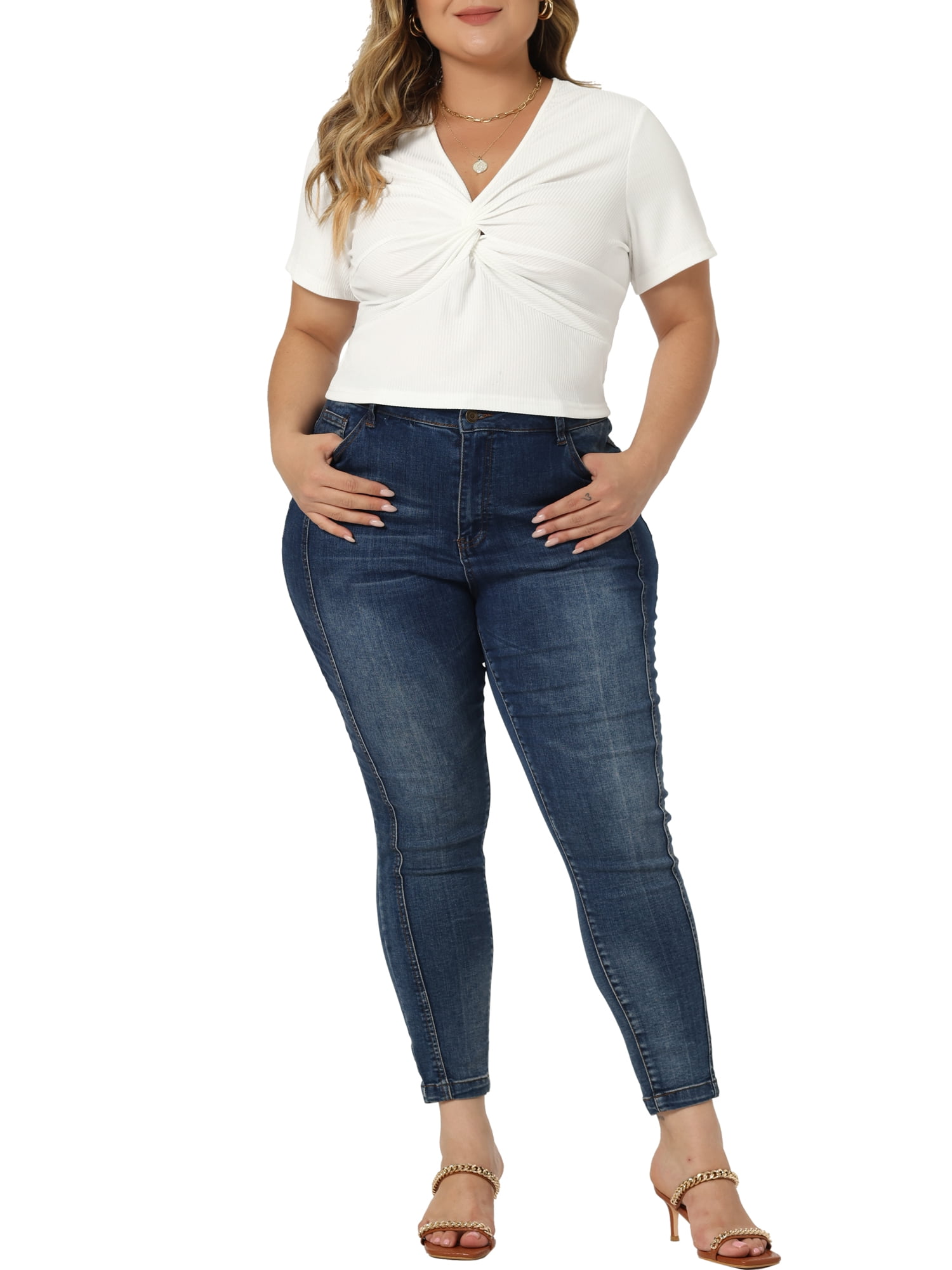 Women's Plus Size Twist Front V Neck Ribbed Short Sleeve Casual Solid Blouses White 1X
