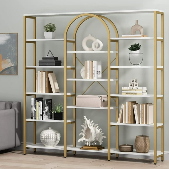 Auromie Triple Wide Gold Bookshelf, 70.87"W x 71.34"H Modern Etagere Bookcase, Tall Display Shelf with 13-Tier Open Shelves, Staggered Storage Shelf Office, White/Gold