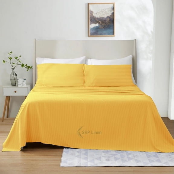 1100 Thread Count 4 Piece Quality Sheet Set 10 Inch Deep Pocket 100% Egyptian Cotton Color Gold Stripe Size Twin