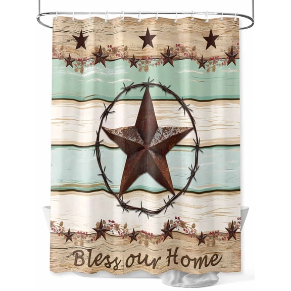 Farmhouse Vintage Shower Curtain, Farm Star Bless Our Home Bathroom Decor Curtains Set with Hooks, Brown Green Waterproof Fabric Home Accessories， 60 X 72 Inch Long