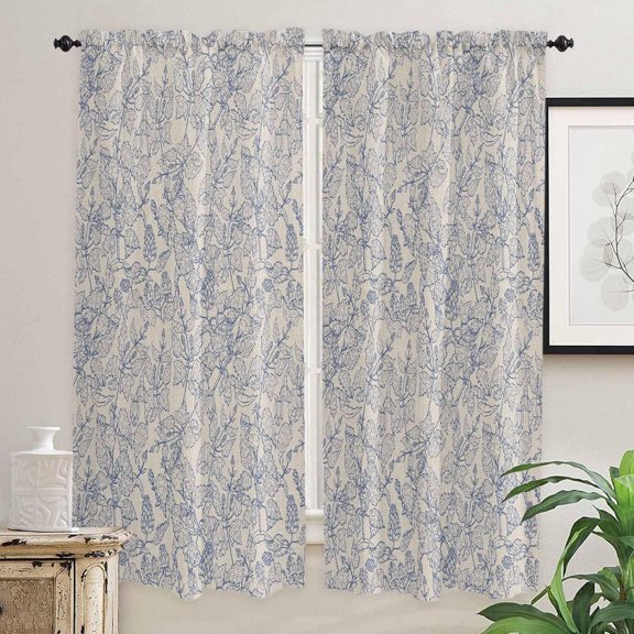 Blue Botanical Window Curtains 84 Inch Length, Rustic Vintage Floral Leaves Rod Pocket Kitchen Window Treatments Drapes for Bedroom, Cafe, Living Room, 2 Panels, 52 W x 84 L
