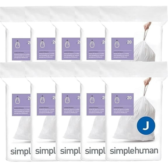 simplehuman Code J Custom Fit Drawstring Trash Bags, 200 Count, 30-45 Liter / 8-12 Gallon, White