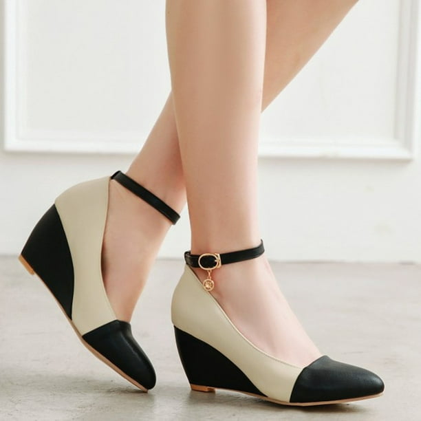 Office Lady Pointed Toe Ankle Strap Wedge Heel Shoe Pumps Plus Shoe - Walmart.com