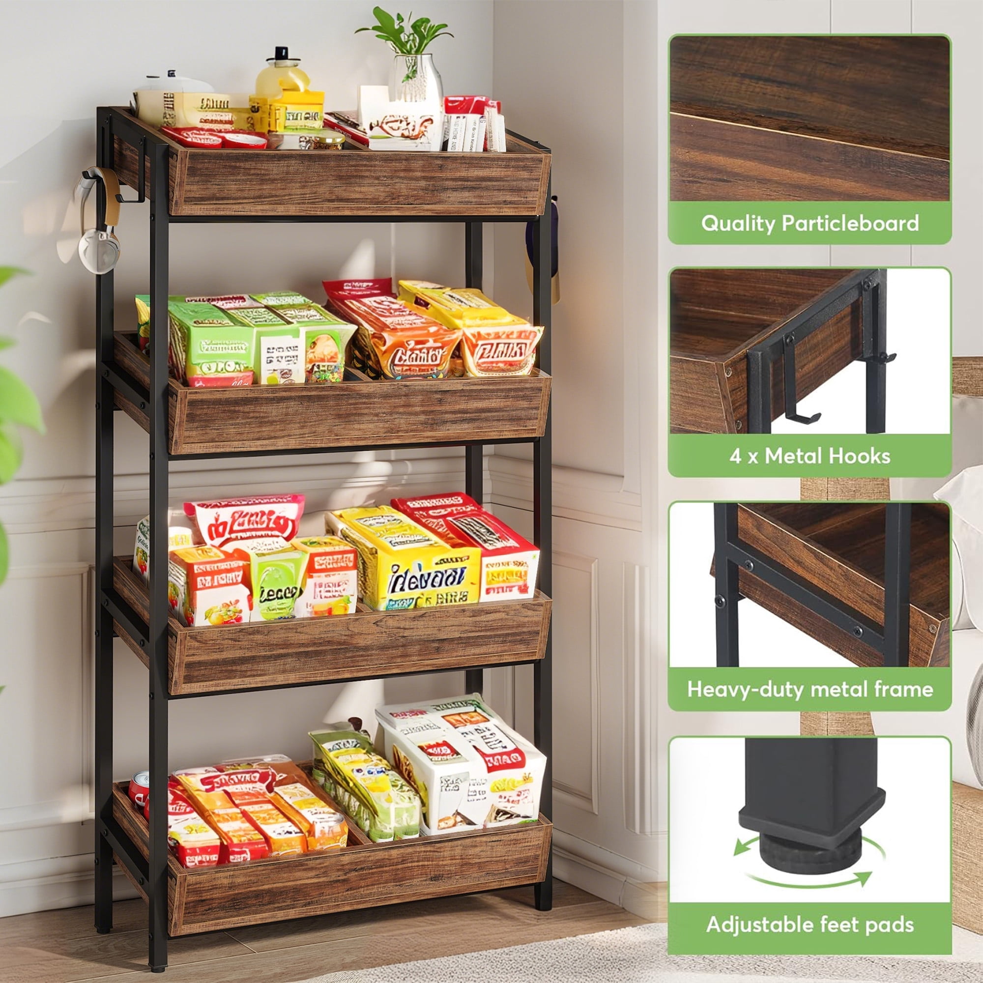 MAYEERTY 8-Bin Fruit Vegetable Storage Rack Wooden Stand for Kitchen & Supermarket