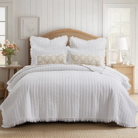 Levtex Home - Wilhemina Quilt Set - Full/Queen Quilt and Two Standard Shams - Solid Ruffled - White - Quilt (88x92in.) and Shams (20x26in.) - Reversible - Cotton