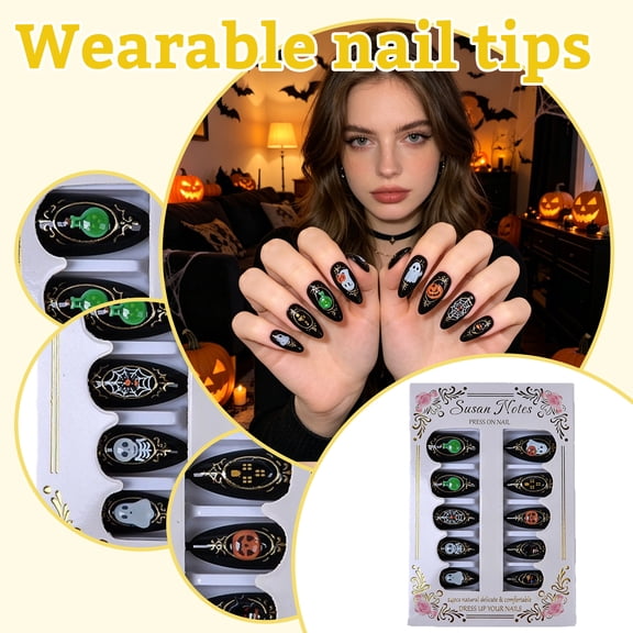 Halloween Press On Nails, 24 Pcs Halloween Gold Foil 3D Skull Ghost Almond Shape False Nail Set, With Application Tool Kit, For Halloween Party Cosplay Costume Nail Decoration