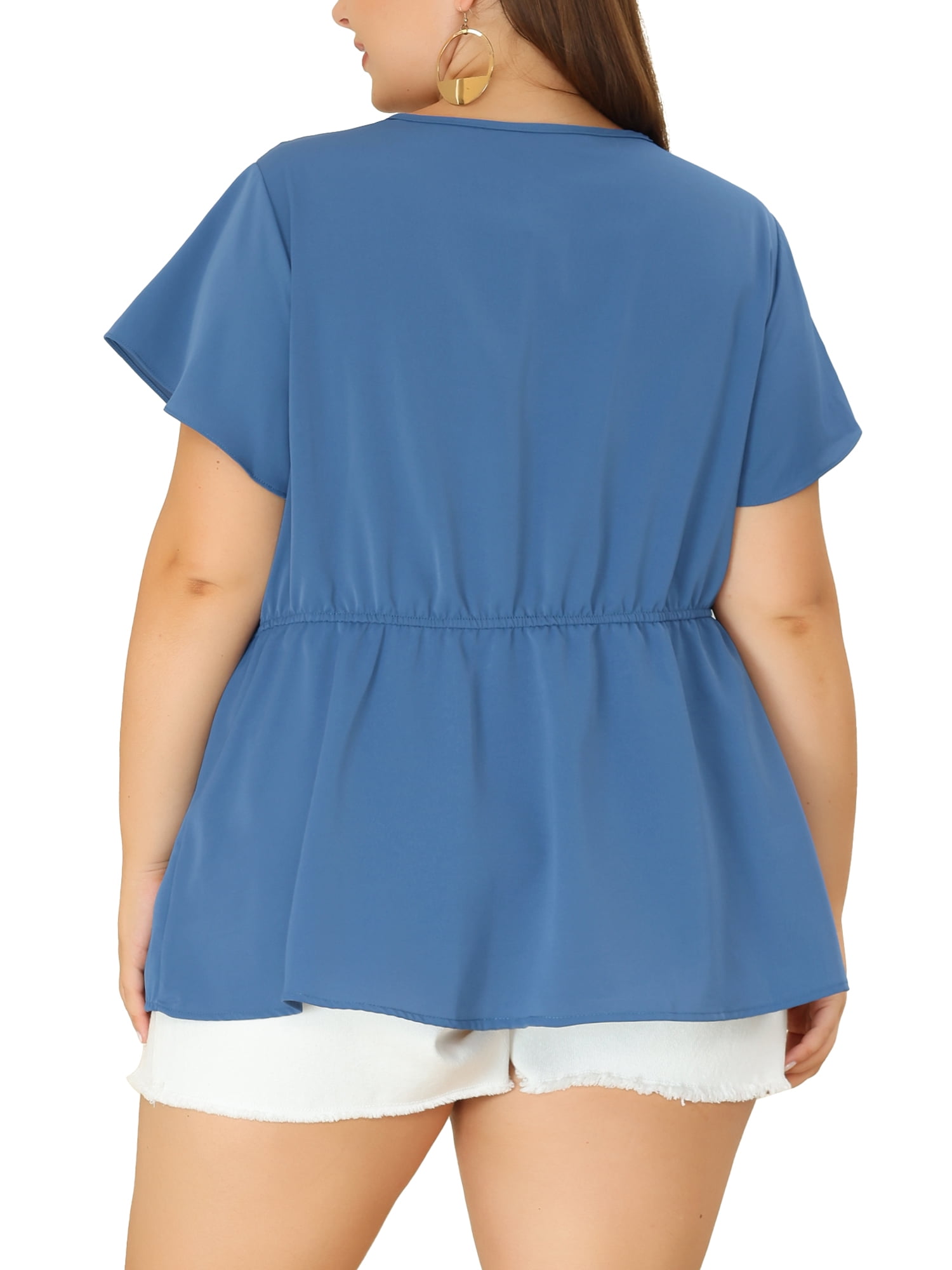 Unique Bargains Women's Plus Size Work Fashion Short Sleeve Elastic Waist Peplum Top 3X Dark Blue