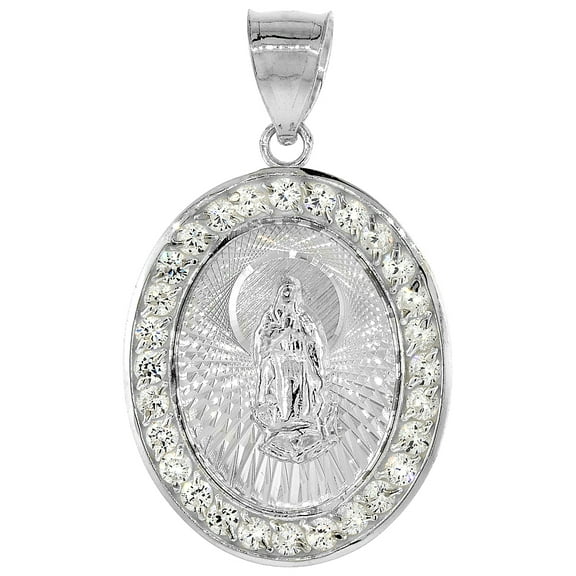 925 Sterling Silver Virgin Mary Miraculous Medal Oval Pendant 27mm