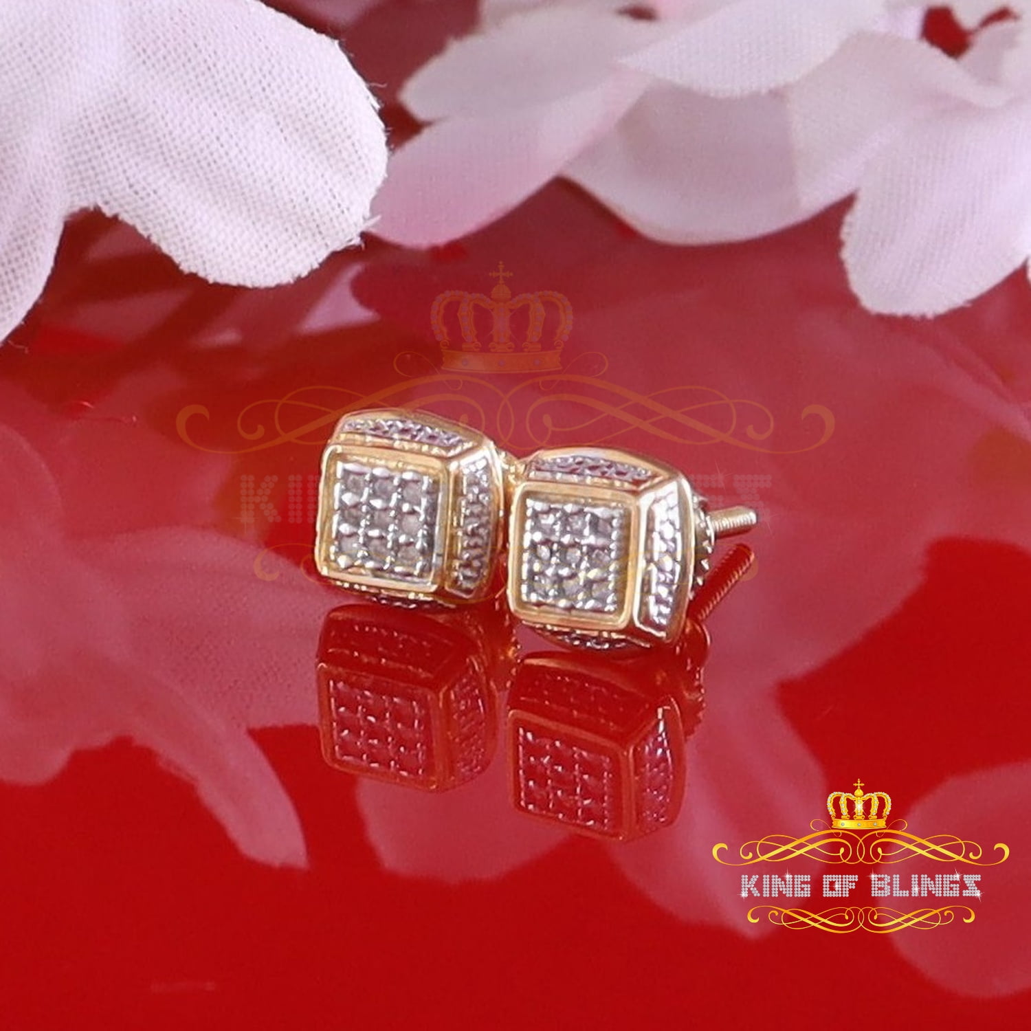King of Bling's 0.05ct Diamond Square Earrings For Women Yellow 925 Sterling Silver Stud For Men