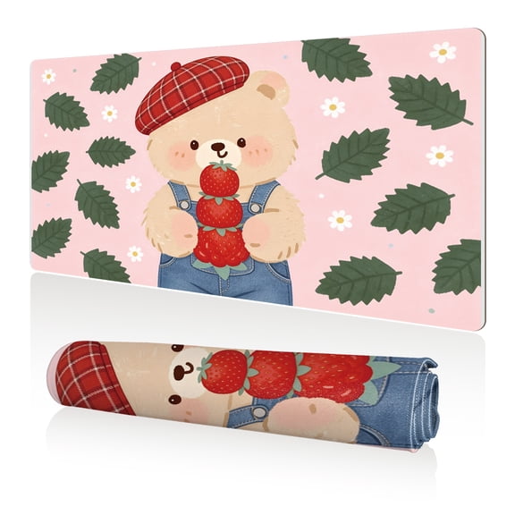 LIVEKEY Mouse Pad 80x40cm Extra Large Non Slip Stitched Durable Easy Clean Cute Bear with Strawberries and Leaves Pattern for Gaming Office