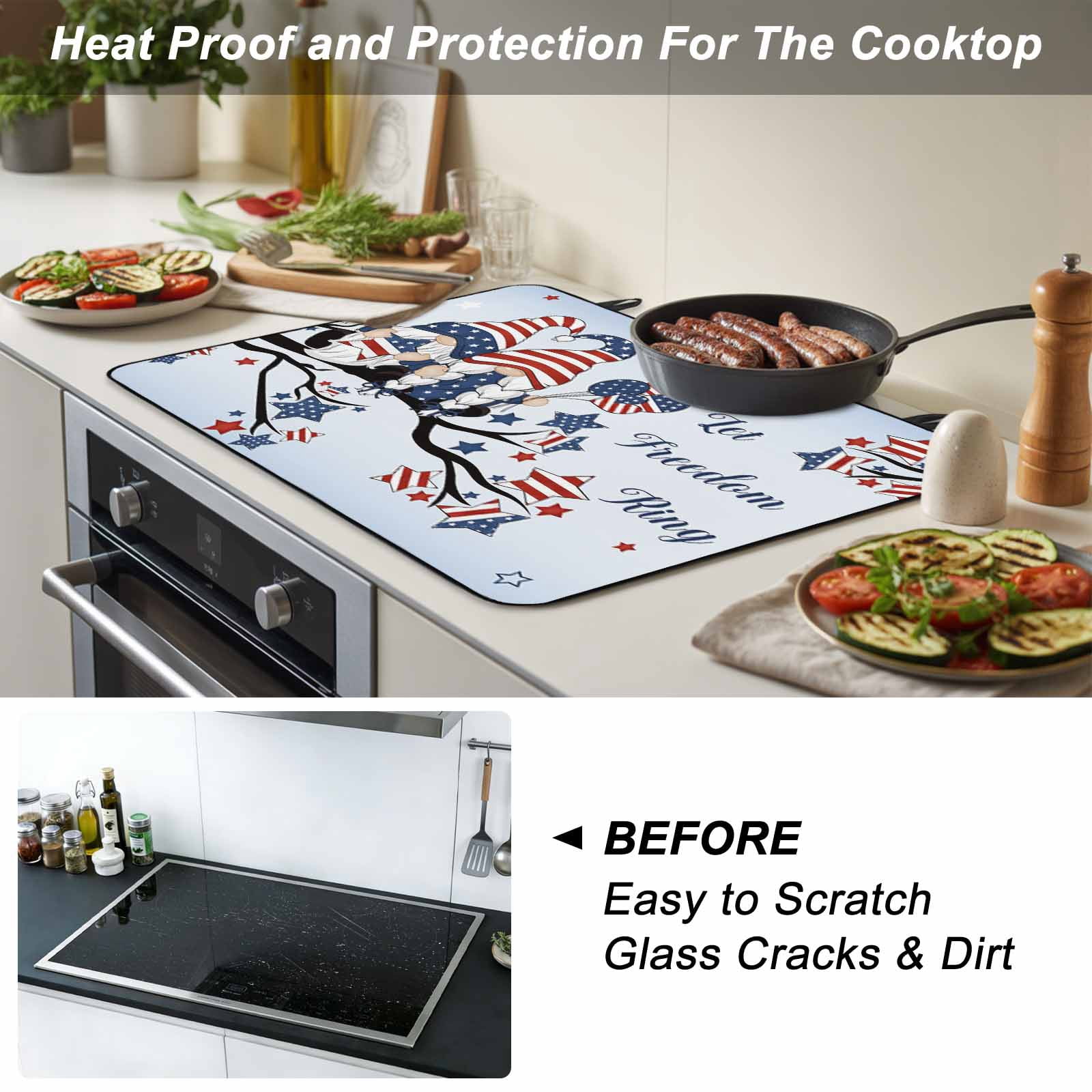 4th of July Stove Top Cover for Electric Stove, Heat-proof & Non Slip Glass Top Stove Cover Protector, Independence Day Blue Ombre Gnomes American Star Kitchen Flat Cooktop Rubber Mat 36x21 Inches