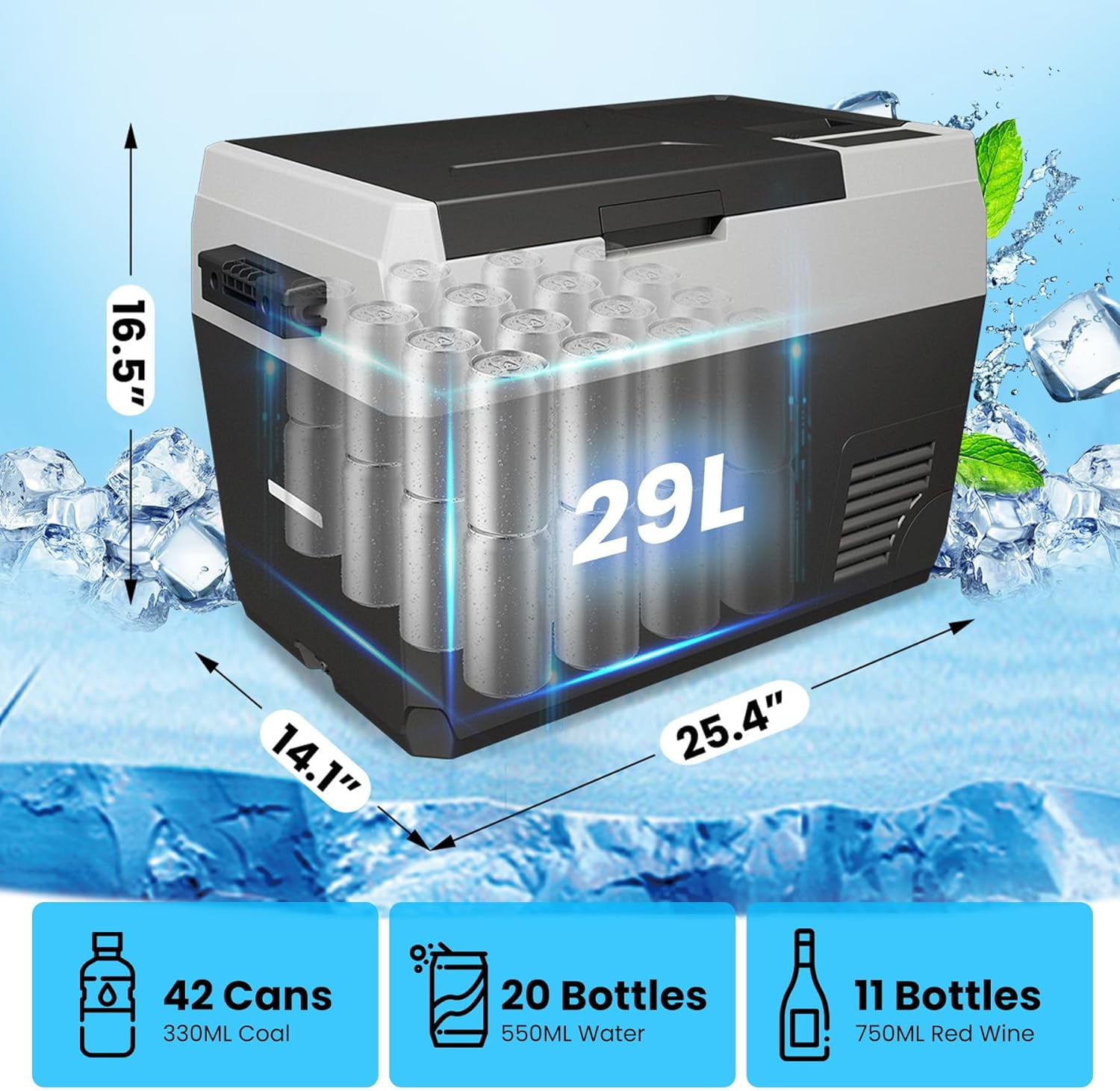 Telyswee 12V 31QT Portable Freezer Electric Cooler, Car Refrigerator with Dual Zone, Touch Control, Car Refrigerator APP Control, Long Battery Life, Energy Efficient
