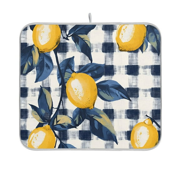 Yayeee Dish Drying Mat for Kitchen Counter 16"x18" Microfiber Absorbent Pad, Beige Plaid Lemon