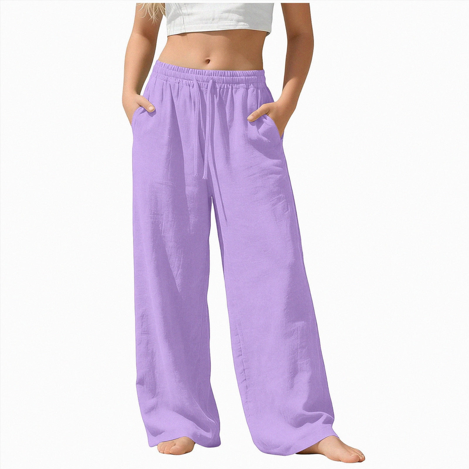 CAICJ98 Girls Cotton Linen Drawstring Wide Leg Pants High Waisted Casual Loose Trousers with Pockets (Purple 3-4 Years)