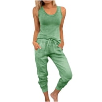 Fmbrln Womens Summer Linen 2 Piece Sets Casual Crew Neck Sleeveless Tank Tops and Drawstring Elastic Waist Pants Sets Lounge Vacation Sets Green L