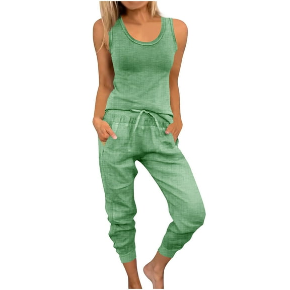 Hueook 2 Piece Lounge Set Women'S Spring and Summer Solid Color Round Neck Sleeveless Drawstring Casual Pants Set Green 4X