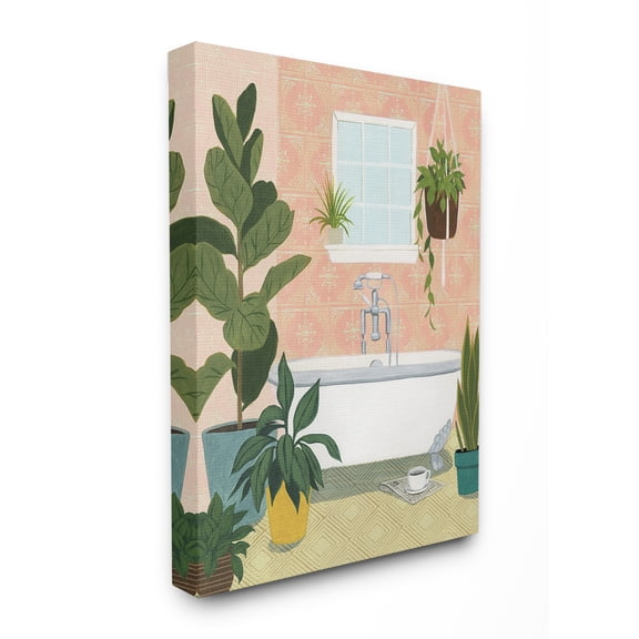 The Stupell Home Decor Peach Walls Bathroom Oasis Scene with Fiddle Leaf Plants Canvas Wall Art