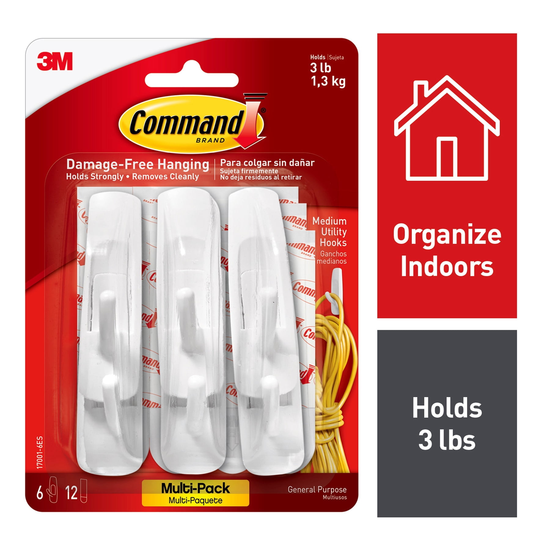 3M Command Medium Utility Hooks Multi-Pack, 6 Per Pack, 3 Packs