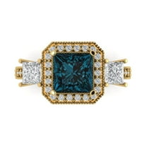 3.005 ct Princess Cut Natural London Blue Topaz 3 Stone 18K Yellow Gold Womens Engagement Ring