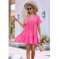 thumbnail image 4 of Women'S Short Sleeve V Neck Ruffle Hem Solid Swing Smock Dress Casual Loose Fit Mini Dress Summer Beach Wear Rose red L, 4 of 9